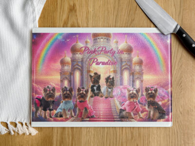 Yorkies  in heaven " Pink Party in Paradise" 11x15 Tribute Glass cutting board