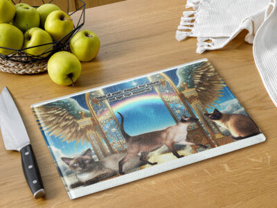 Siamese Cats in heaven" Voices of angels, elegance that endures and eyes that mesmerize" 11x15Glass cutting board