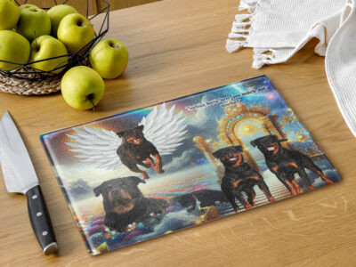 Rottweilers in Heaven " Nothing Rottie  here- Just muscle and mischief"   11x15 Glass cutting board