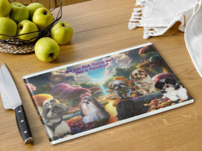 Shih Tzus in Heaven   " Are you Shih Tzuing me? This is Paradise? 11x15 Glass cutting board