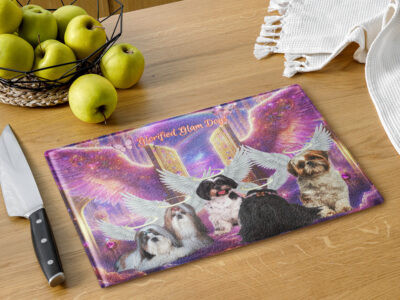 Shih Tzus in Heaven " Glorified Glam Dogs"  11x15 Glass cutting board