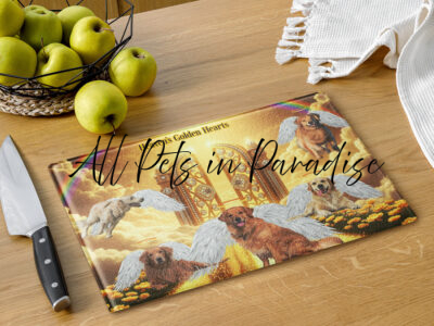 Golden Retrievers in  Heaven" Heaven's Golden Hearts"  11x15  Glass cutting board
