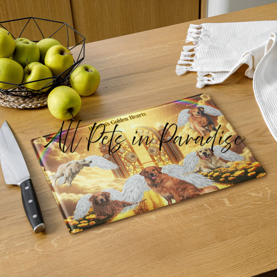 Golden Retrievers in  Heaven" Heaven's Golden Hearts"  11x15  Glass cutting board