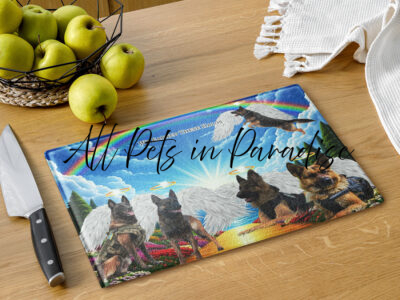 Working Dogs Heaven " German Shepherds-( working Dogs) " We Earned These Halos"     11x15 - Glass cutting board