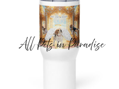 Beagles In Heaven " Halo- wearing howlers"  25.oz Travel mug with a handle