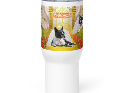 Boston Terriers in  Heaven -  " Sniffing Through the Pearly Gates'  25oz. Travel mug with a handle