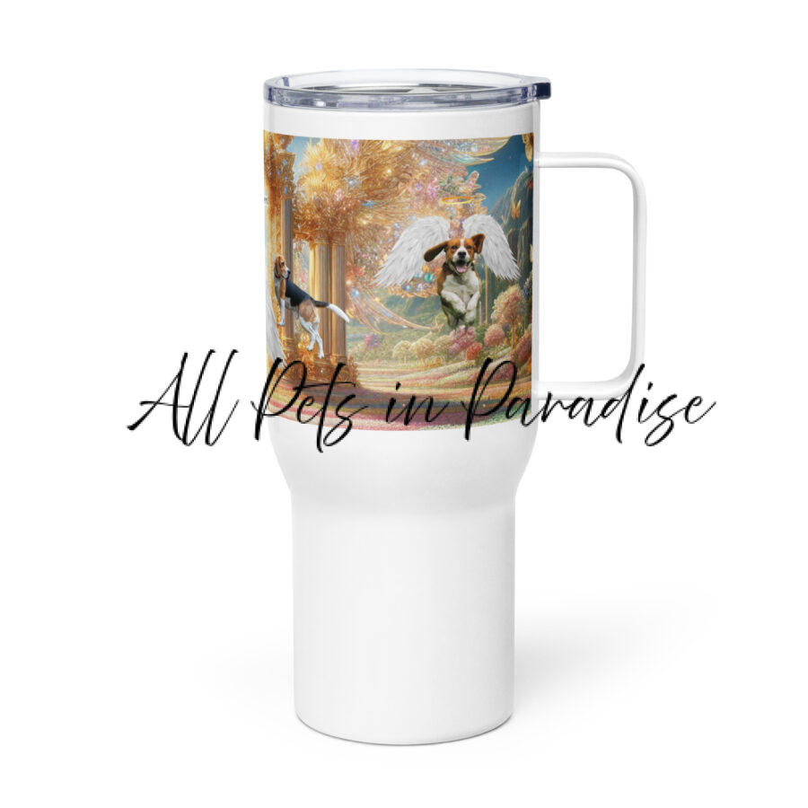 Beagles In Heaven " Halo- wearing howlers"  25.oz Travel mug with a handle - Image 3