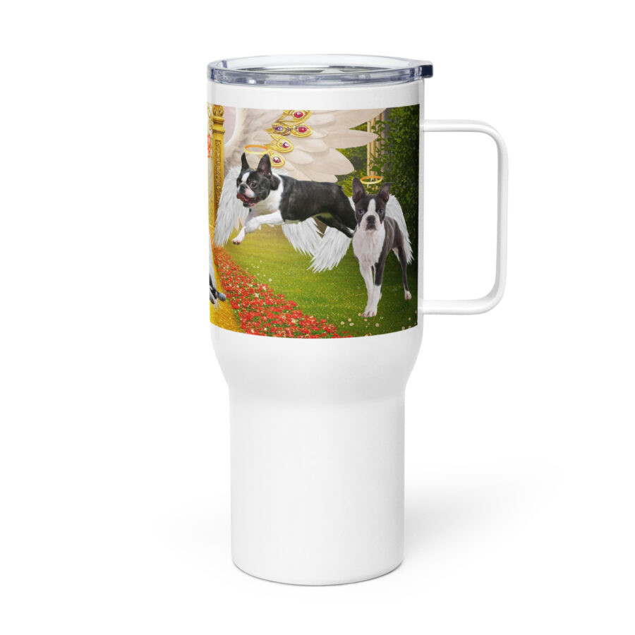 Boston Terriers in  Heaven -  " Sniffing Through the Pearly Gates'  25oz. Travel mug with a handle - Image 3