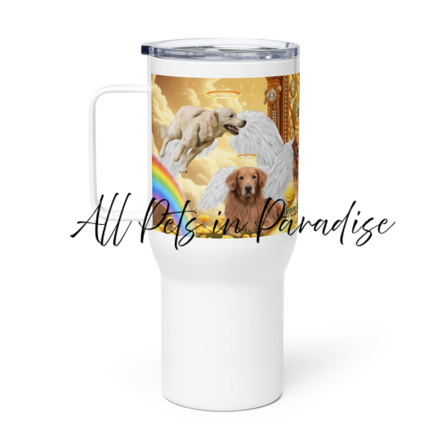 Golden Retrievers in Heaven " Heavens Golden Hearts" 25.oz  Travel mug with a handle - Image 2