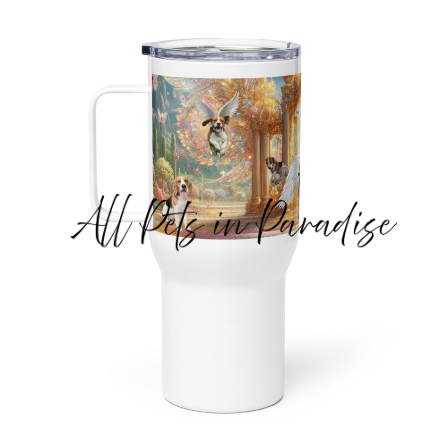 Beagles In Heaven " Halo- wearing howlers"  25.oz Travel mug with a handle - Image 2