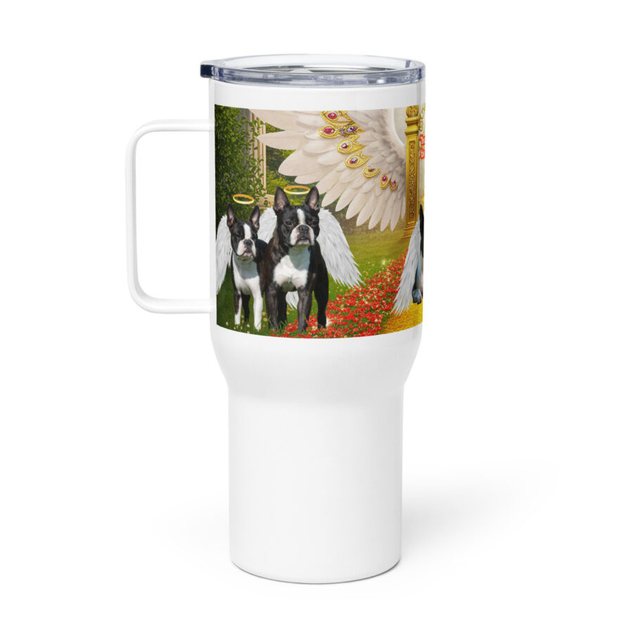 Boston Terriers in  Heaven -  " Sniffing Through the Pearly Gates'  25oz. Travel mug with a handle - Image 2