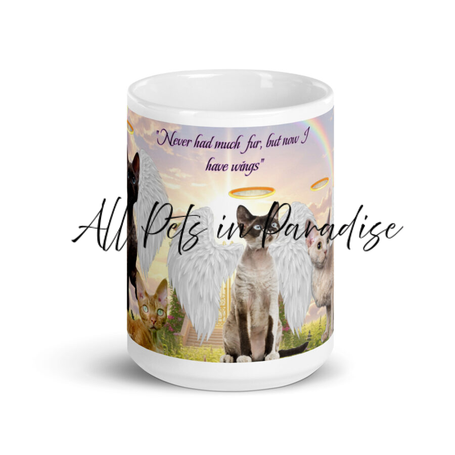 Devon Rex in Heaven- " Never had much fur, but now I have wings" 15.oz  White glossy mug