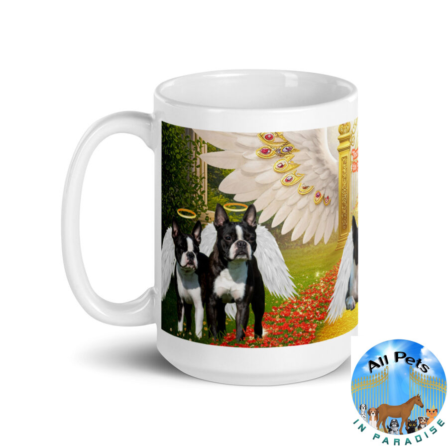 Boston Terriers in Heaven - " Sniffing Through the Pearly Gates' 15oz.  White glossy mug - Image 3
