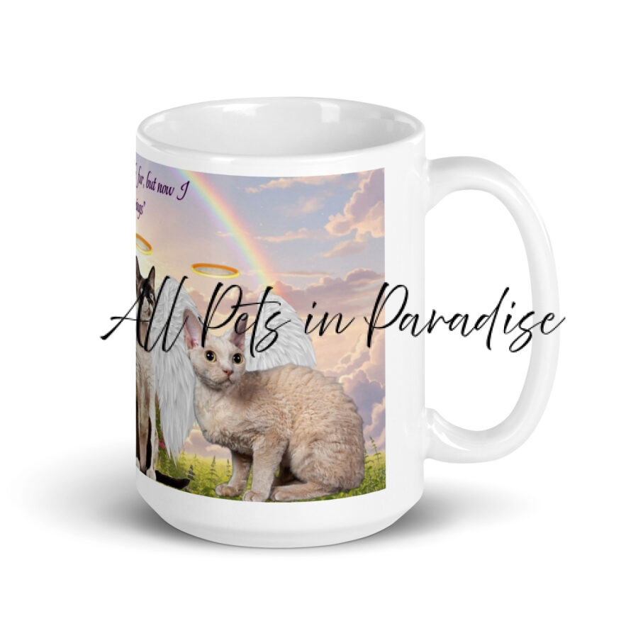Devon Rex in Heaven- " Never had much fur, but now I have wings" 15.oz  White glossy mug - Image 2