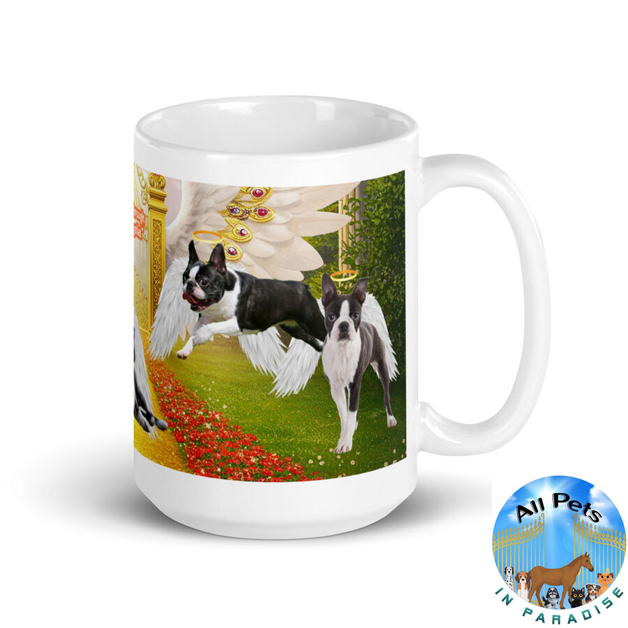 Boston Terriers in Heaven - " Sniffing Through the Pearly Gates' 15oz.  White glossy mug - Image 2