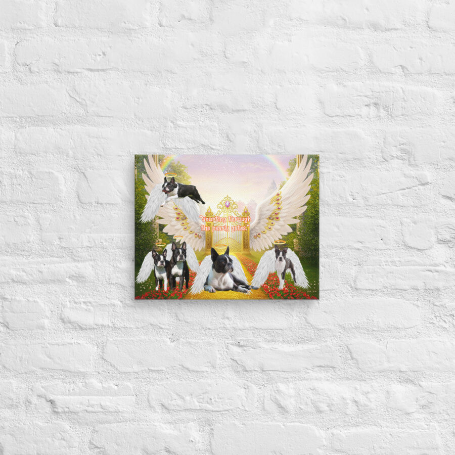 Boston Terriers in Heaven- " Sniffing Through the Pearly Gates" 11x14  Canvas
