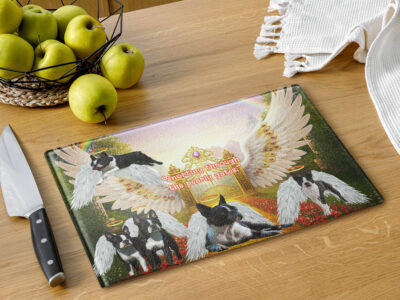 Boston Terriers  (Heaven in the Home)  " Sniffing Through the Pearly Gates"  11x15 Glass cutting board