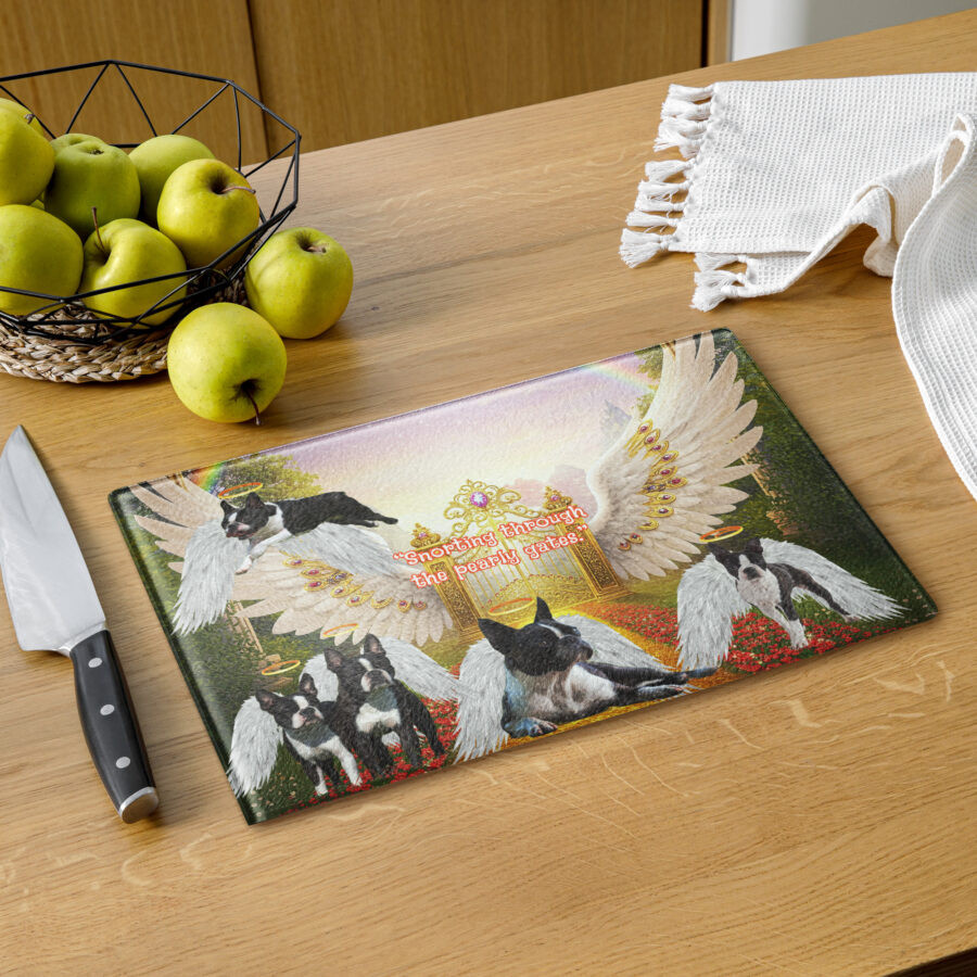 Boston Terriers  (Heaven in the Home)  " Sniffing Through the Pearly Gates"  11x15 Glass cutting board