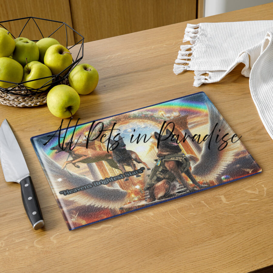 Belgian Malinois in Heaven " Heavens Brightest Stars"   11x15 Glass cutting board