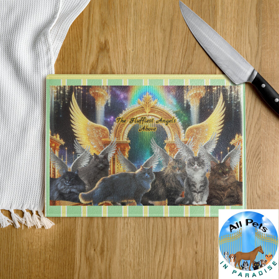 Norwegian Forester Cats in Heaven- " The Fluffiest Angels Above" Glass cutting board 11x15