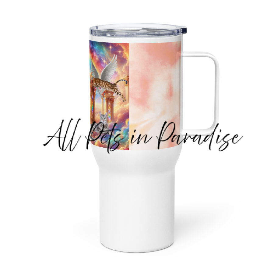 Bengals in Heaven-" Bengals- Still Chasing laser pointers but in clouds of rainbows" Travel mug with a handle - Image 3