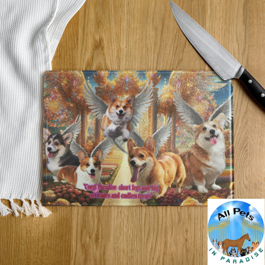 Corgi Dogs Heaven " Corgi Paradise -short legs and big attitudes and endless treats" 11x15  Glass  cutting board - Image 3