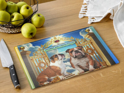 Bulldogs in Heaven " Wrinkles and Charm Forever" 11x15 Glass cutting board