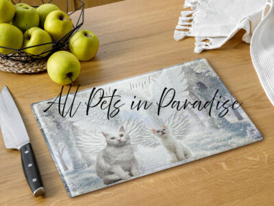 White Cats in Heaven " White Angels " 11x15 Glass cutting board