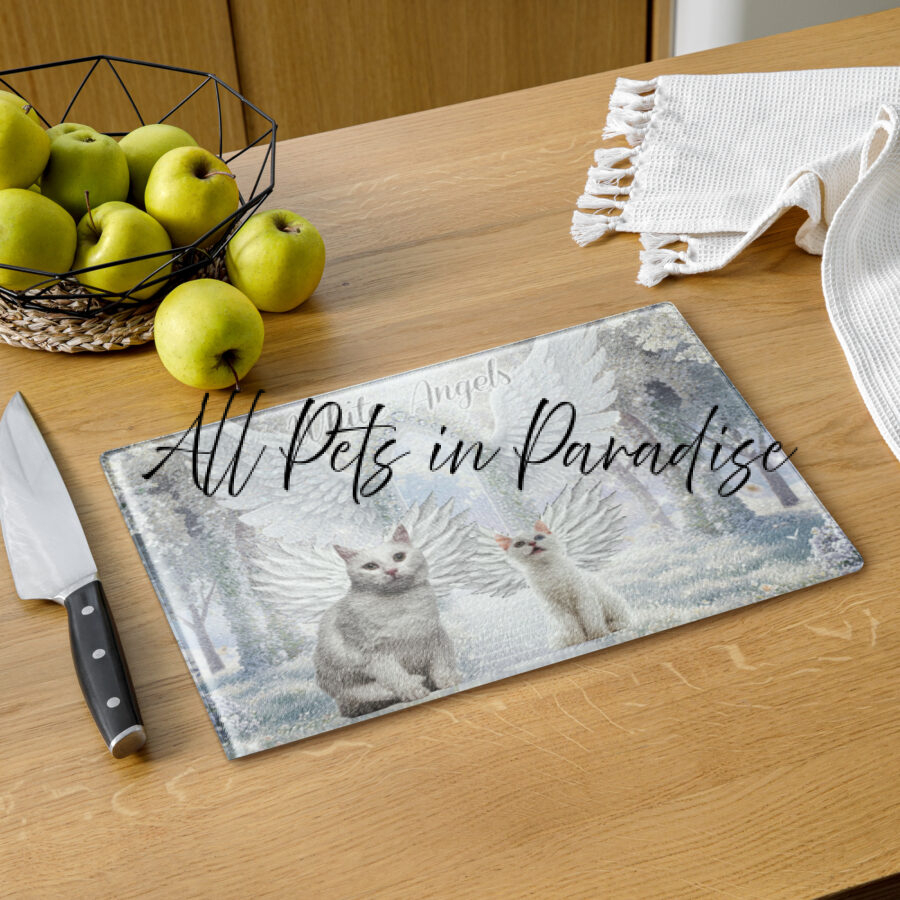 White Cats in Heaven " White Angels " 11x15 Glass cutting board