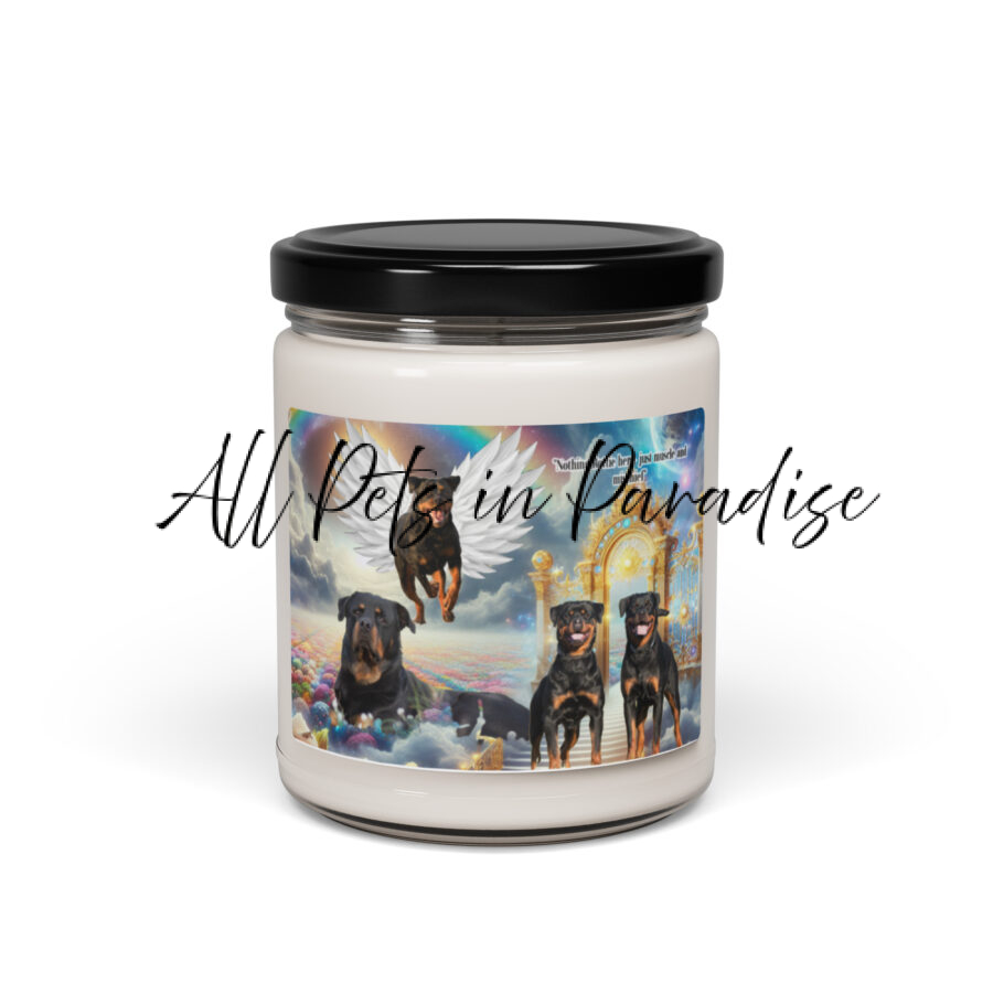 Rottweiler Dogs in Heaven " Nothing Rotttie here, just muscle and mischief" 9.oz Scented soy candle - Image 2