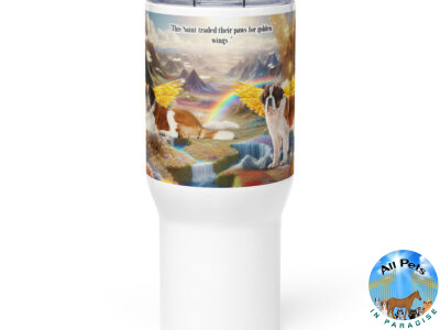 Saint Bernards in Heaven " This Saint Traded  their paws for golden wings " 25.oz Travel mug with a handle