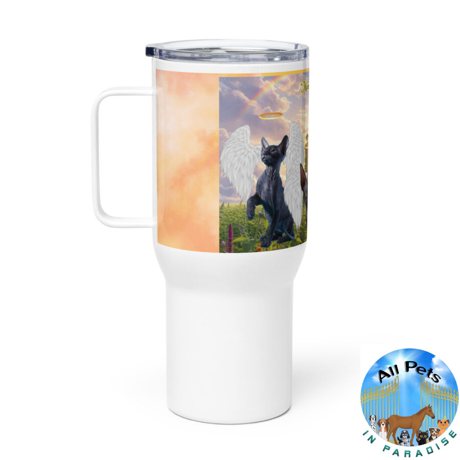 Sphynx Cats in Heaven " Never had any fur, but now I have wings" 25.oz Travel mug with a handle - Image 2