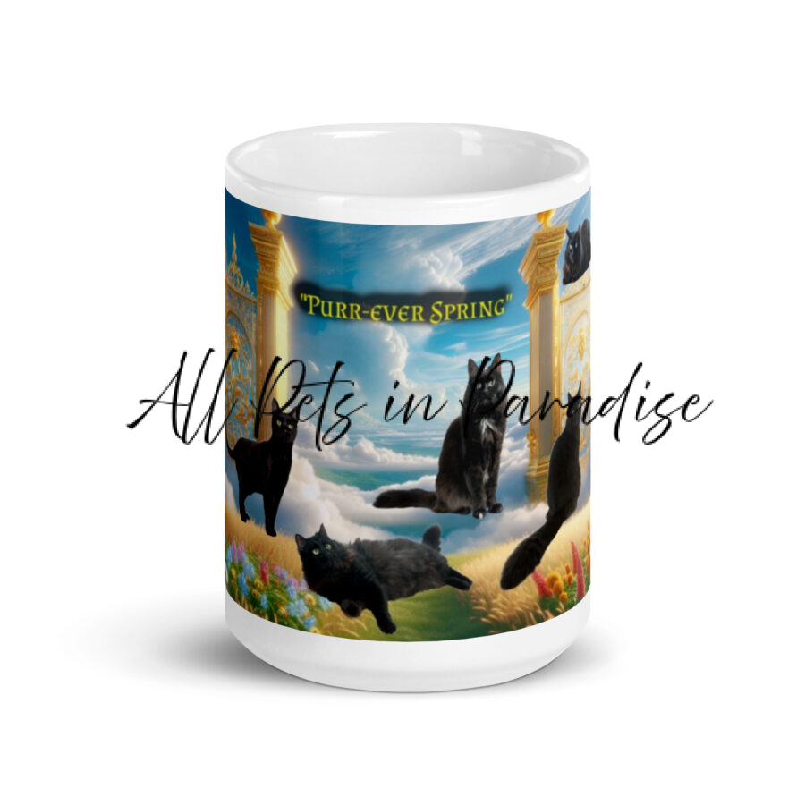 Black Cats in Heaven " PURR- ever Spring " 15.0z White glossy mug
