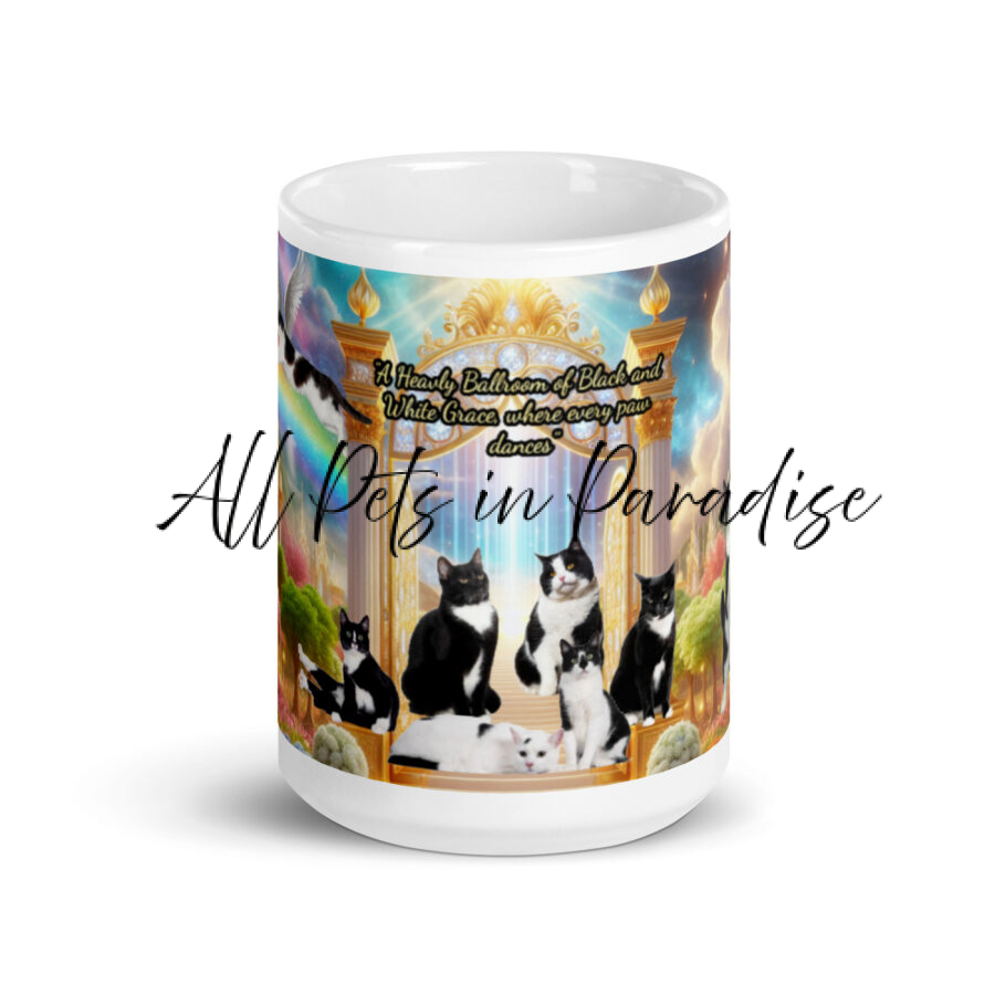 Black and white cats in Heaven"  A heavenly ballroom of black and white grace, where every paw dances" 15.oz White mug