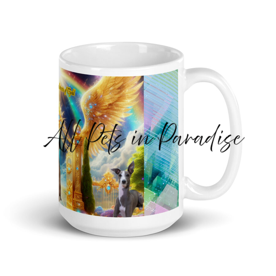 Greyhounds in Heaven " Sprinting on the Eternal Streets of Gold" 15.oz  White glossy mug - Image 2