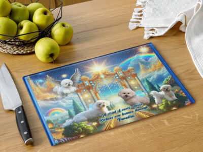 Bichon Dogs in Heaven " A cloud of curls - these Bichons pounce through paradise". Glass cutting board