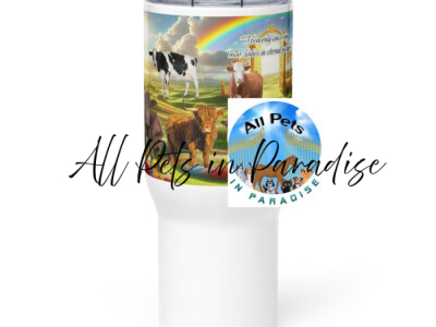 " Heavenly cows sing moo-lodies in eternal pastures". Travel mug with a handle