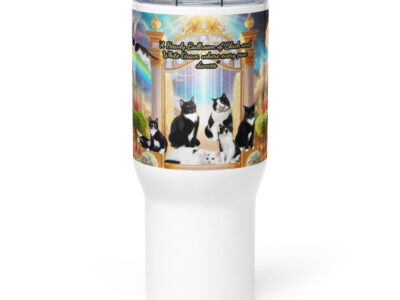 black and white tuxedo cats in heaven" A heavenly Ballroom of Black and White Grace , where every paw dances"  25.oz Travel mug with a handle