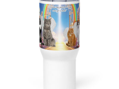Cats in Heaven " Traded my paws for wings and got a halo" 25.oz Travel mug with a handle