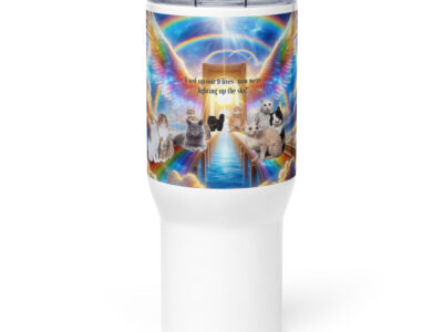 Rainbow Bridge "  Lost our 9 lives now we are lighting up the sky"  25.ozTravel mug with a handle
