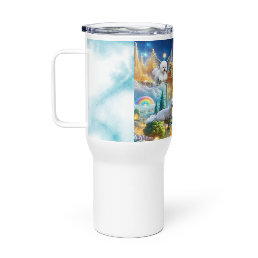 Bichon Frise Dogs " A cloud of curls- these Bichons now bounce through paradise" .Travel mug with a handle - Image 2