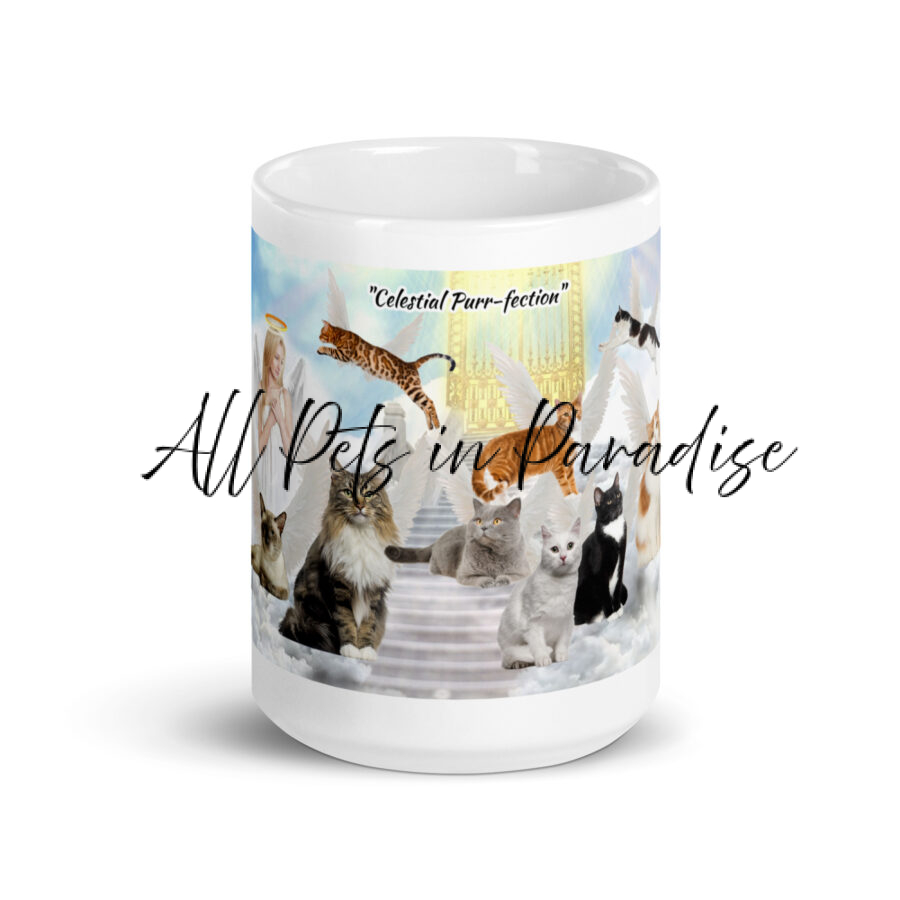 Angel with Cats in Heaven " Celestial - Purr-adise" White glossy mug