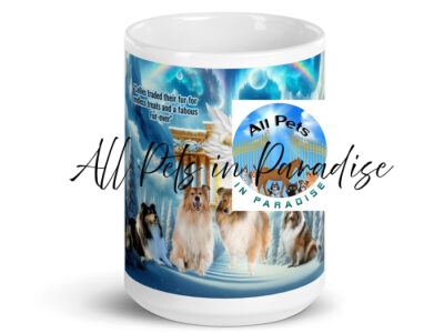 " Collies traded their fur- for forever treats and a fabulous fur-ever"  White glossy mug