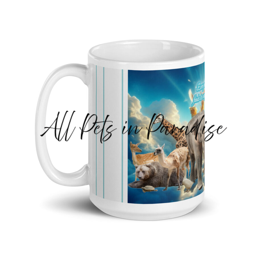 " Every Paw Hoof and feather finds its way to Heavens Gates" White glossy mug - Image 3