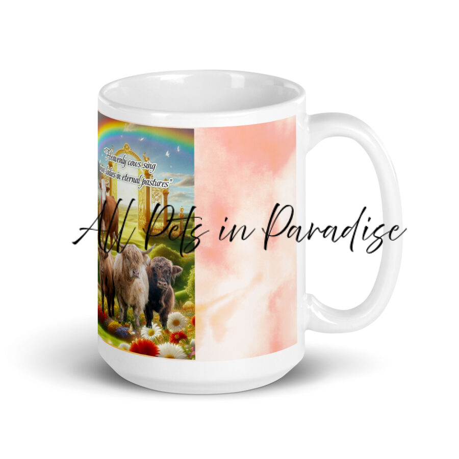 " Heavenly Cows sing - moo-lodies in eternal pastures". White glossy mug - Image 2
